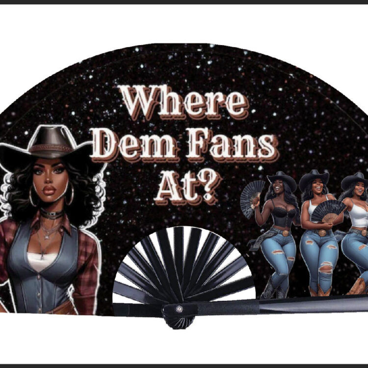 "Where Dem Fans At hand clack fan with sparkling cowgirl artwork and bold clack sound."