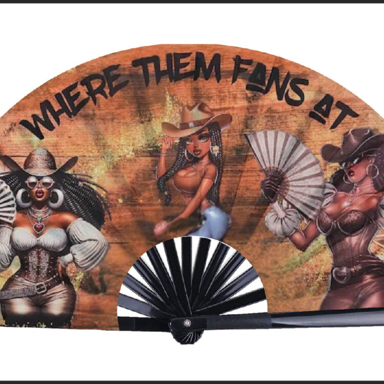 "Western Cowgirl Hand Clack Fan with bold 'Where Them Fans At' artwork and loud snap for parties and performances."